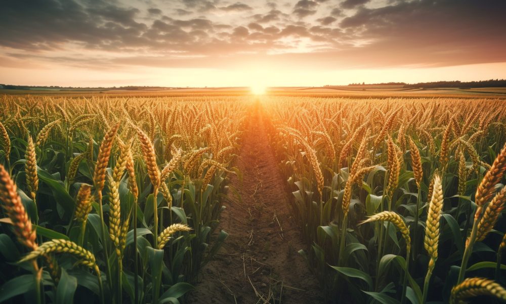 Golden wheat fields glow in the sunset generated by artificial intelligence