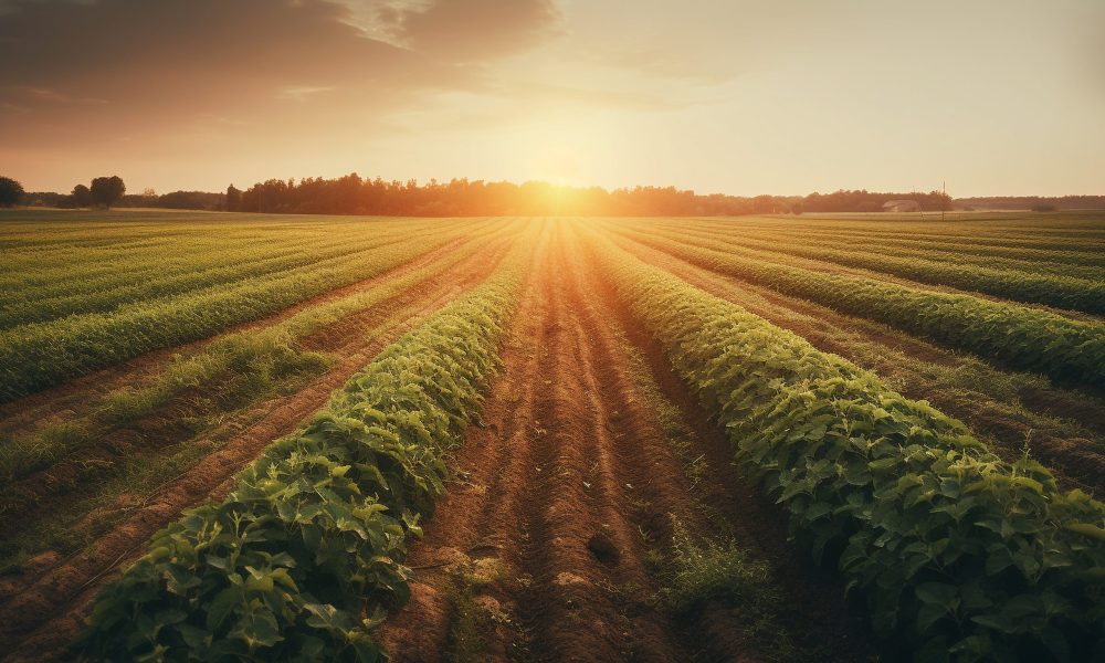 Sunset over idyllic farm meadow, nature beauty generated by AI